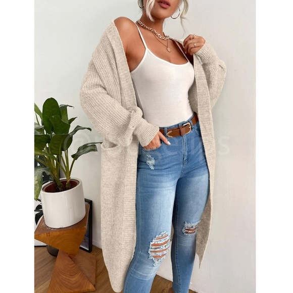 Rouge! Sweaters - Oatmeal Beige Duster Cardigan Front Pockets Cable Knit Long Sleeve Midi Length